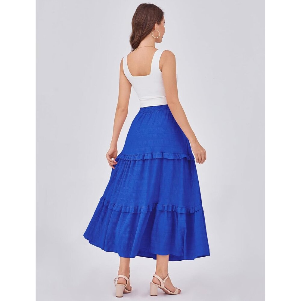 Women's Royal Blue Casual Elegant A Line Flowy Ruffle Tiered Pockets Maxi Skirt - Picture 4 of 5